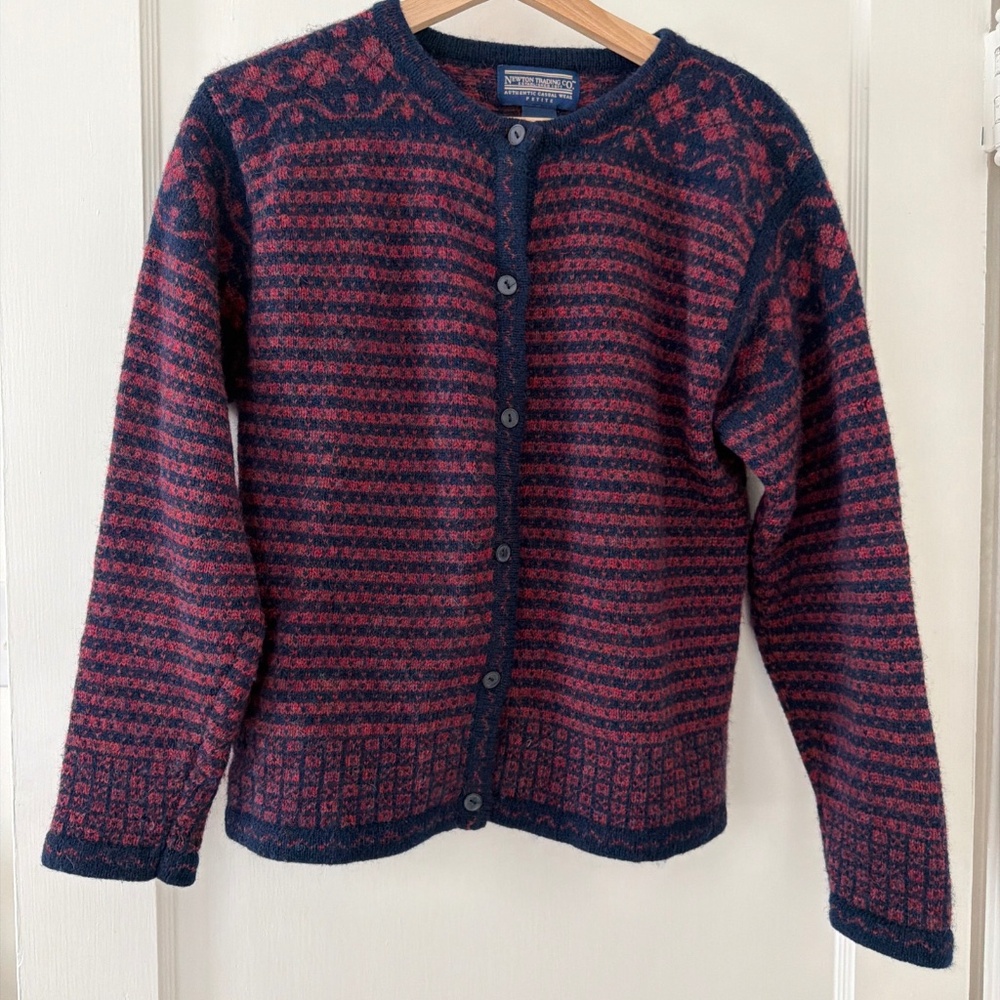 Newton Trading Co Womens Petite PL Shetland‎ Wool Fair Isle Cardigan Navy Red